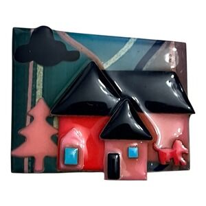 Vintage House Pin By Lucinda Yates Depicting A Red House Encased In Resin Dog 2"